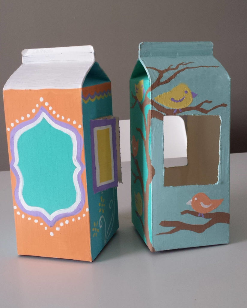 milk carton,juice carton,bird feeder,painted