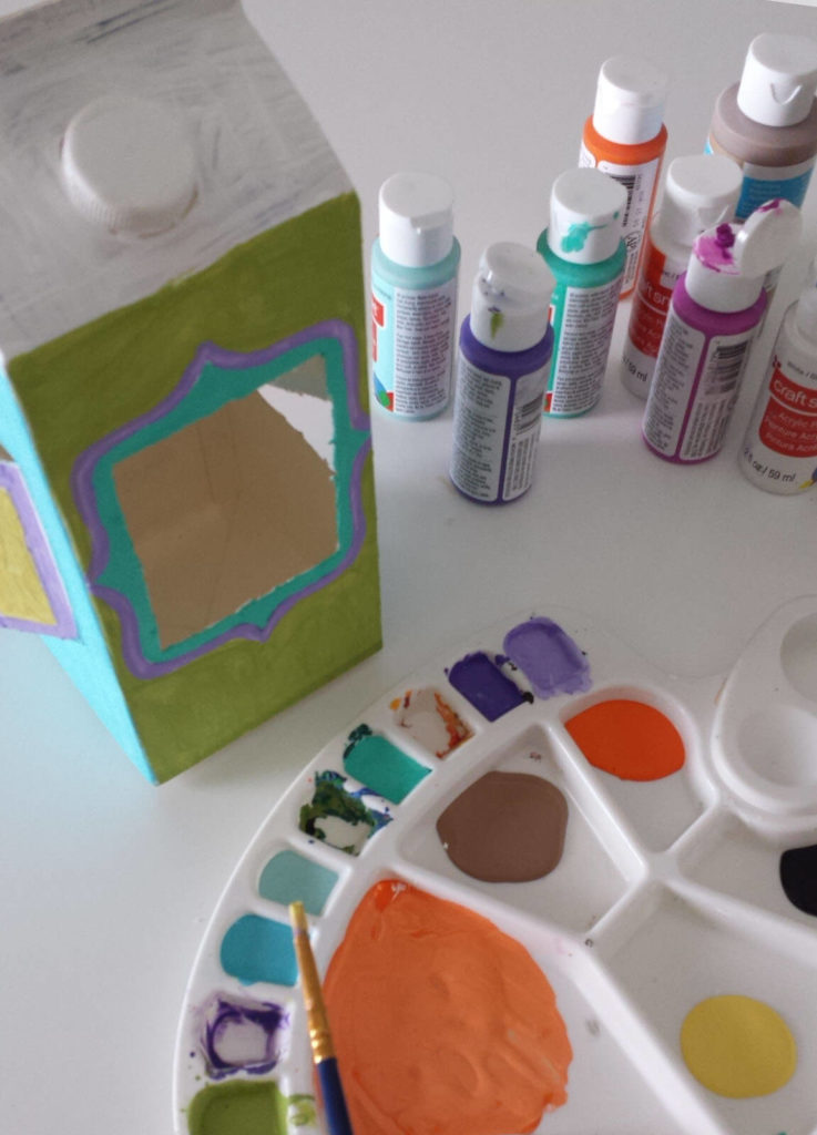 milk carton.juice carton,bird feeder,painting,acrylic paint